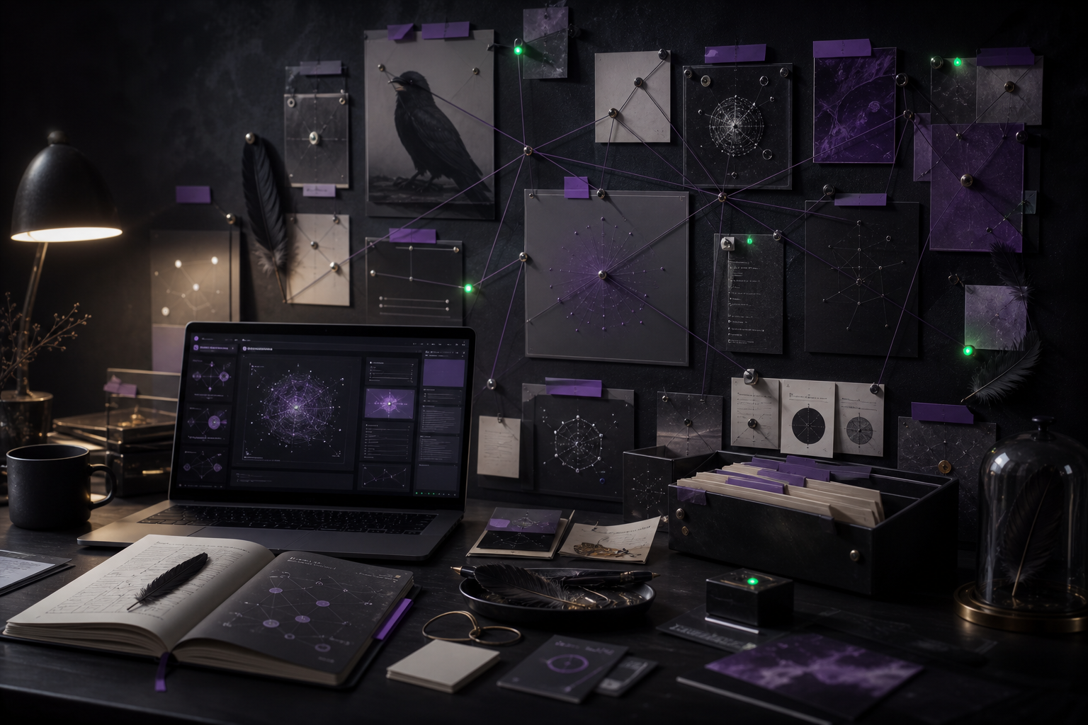 A dark connected work board with cards, threads, a laptop, notebooks, raven feathers, purple accents, and green proof lights.