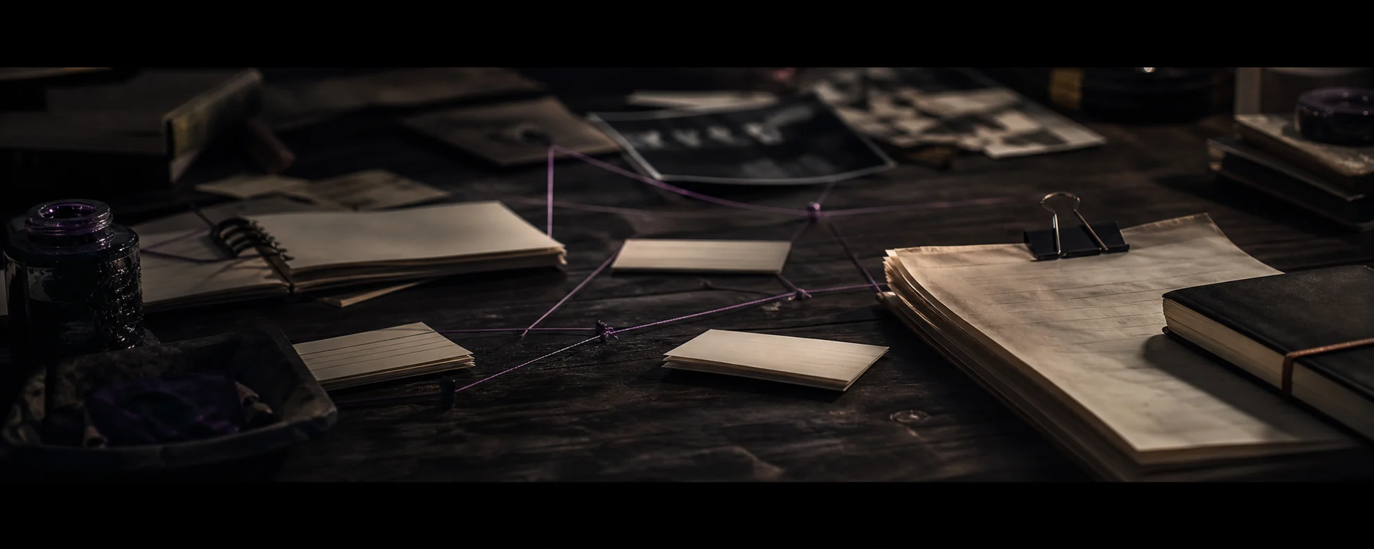 A dark desk with notebooks, article cards, and violet threads connecting ideas.