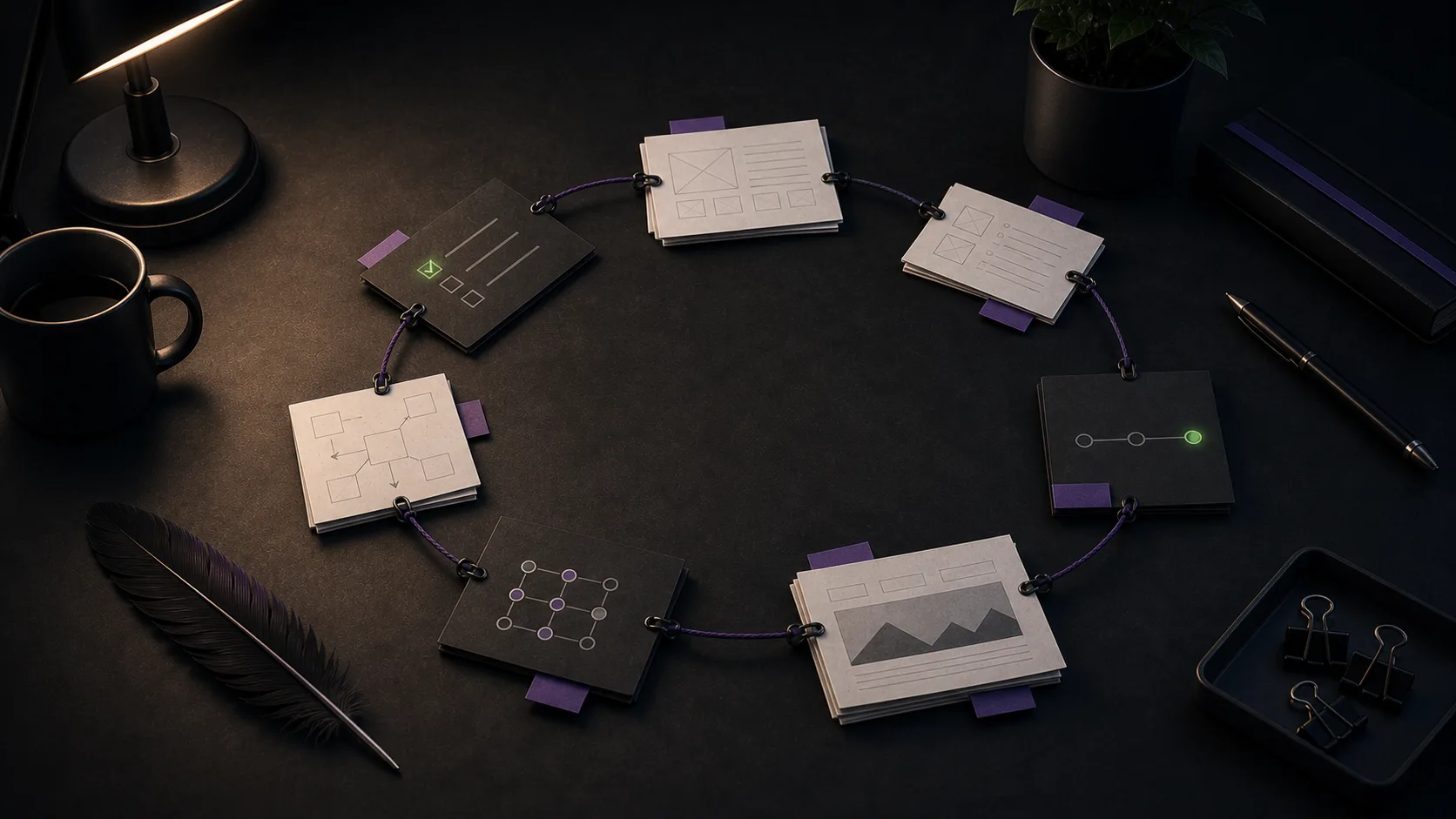 A circular loop of blank cards and purple thread on a dark desk