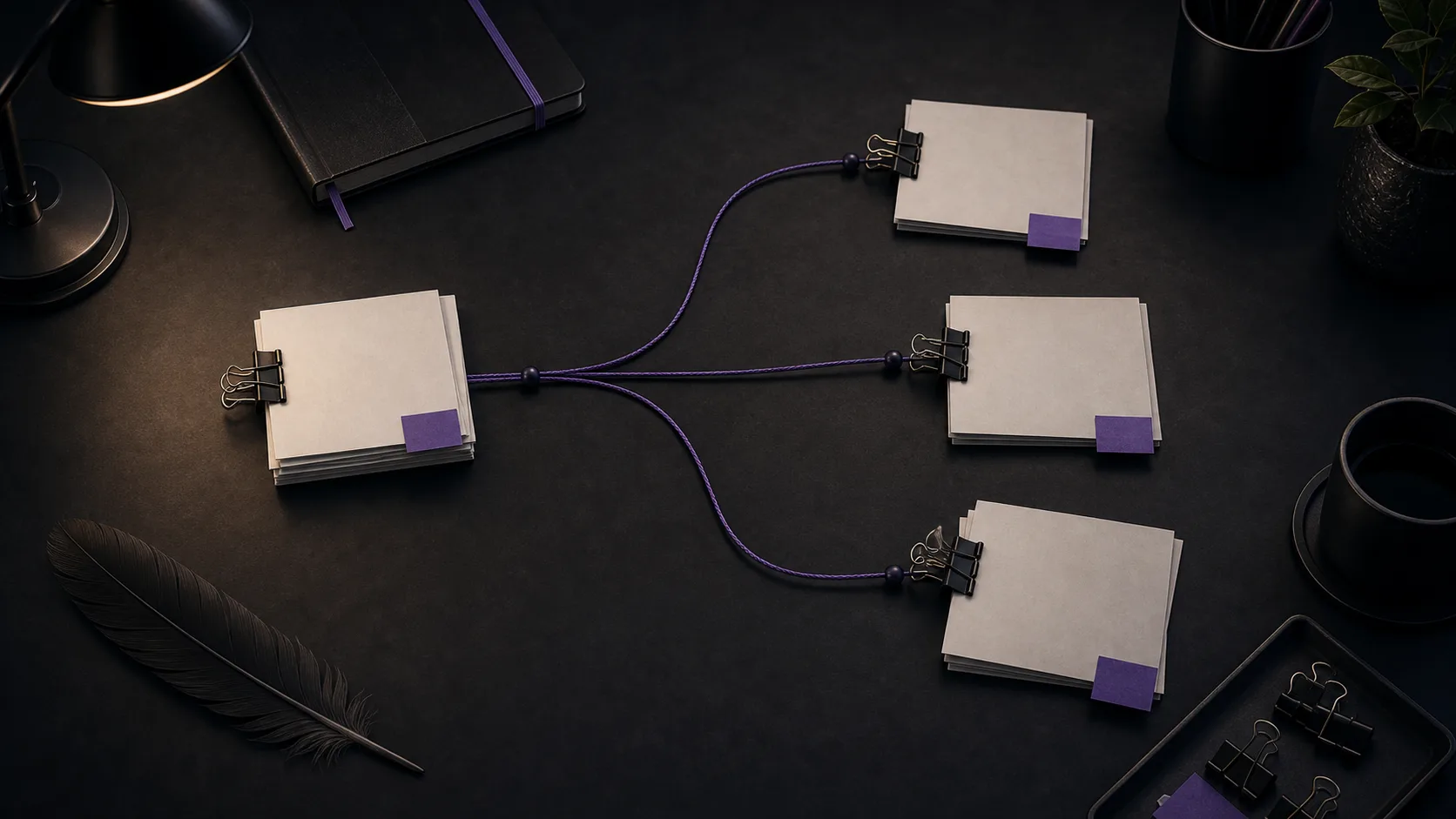 Blank cards branching into separate purple-thread paths on a dark desk