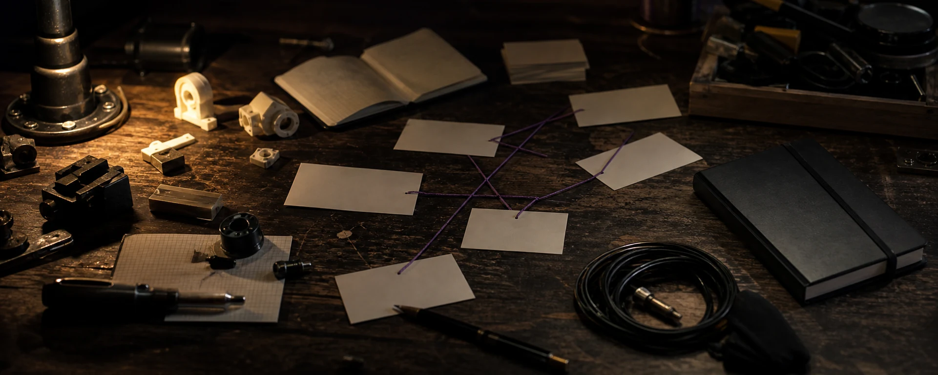 A dark workbench with project cards, tools, cables, and violet thread connecting active work artifacts.