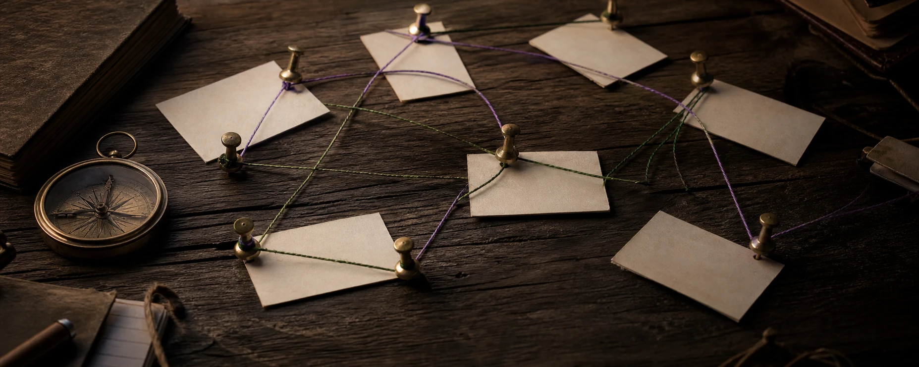 A dark tabletop site map with pinned cards, a compass, and green-violet thread connecting related site points.
