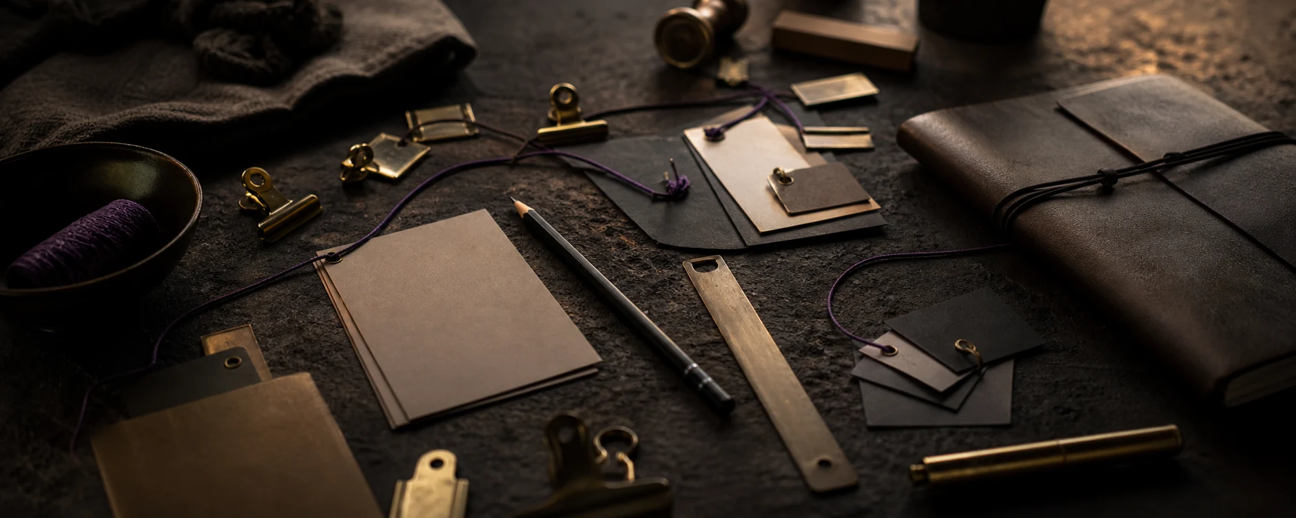 A dark tabletop with compact tools, notes, clips, and violet thread arranged like reusable methods.