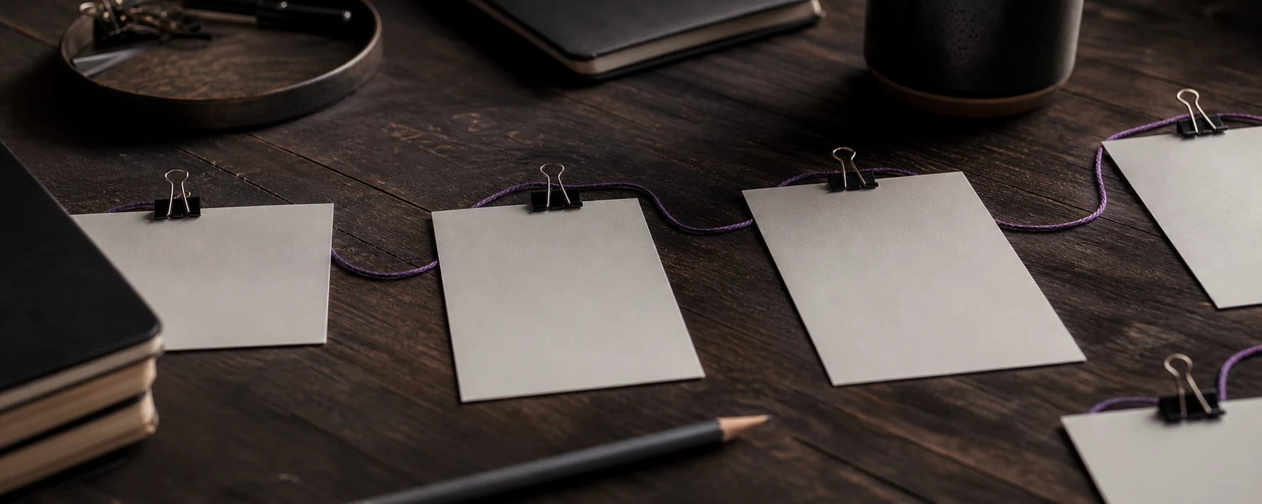 A dark desk with blank workflow notes clipped in sequence and a violet thread connecting them.